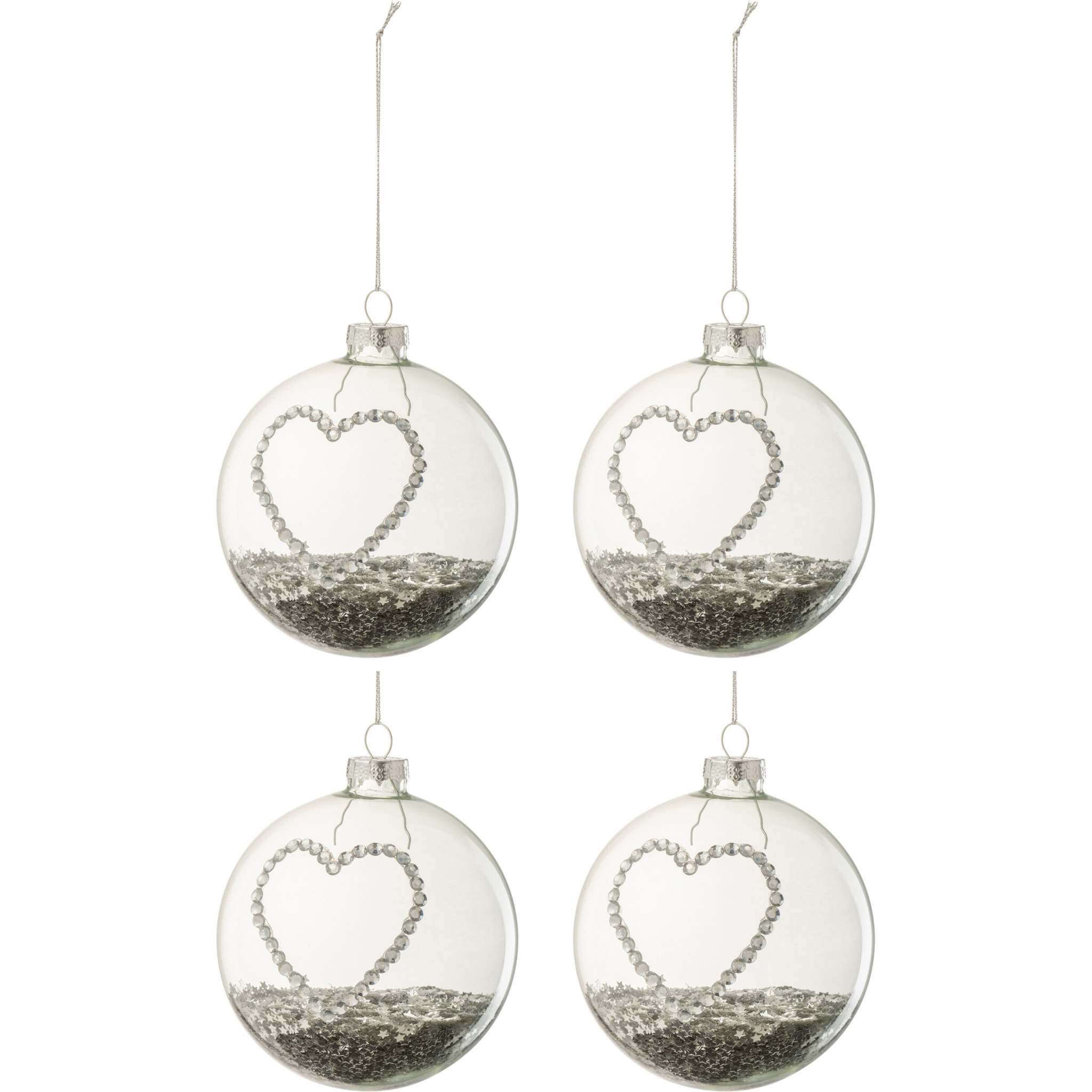 J-Line boule De Noël Coeur Strass Etoiles - verre - argent/transparent - medium - boîte de 4