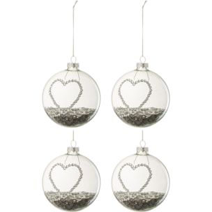 J-Line boule De Noël Coeur Strass Etoiles - verre - argent/transparent - medium - boîte de 4