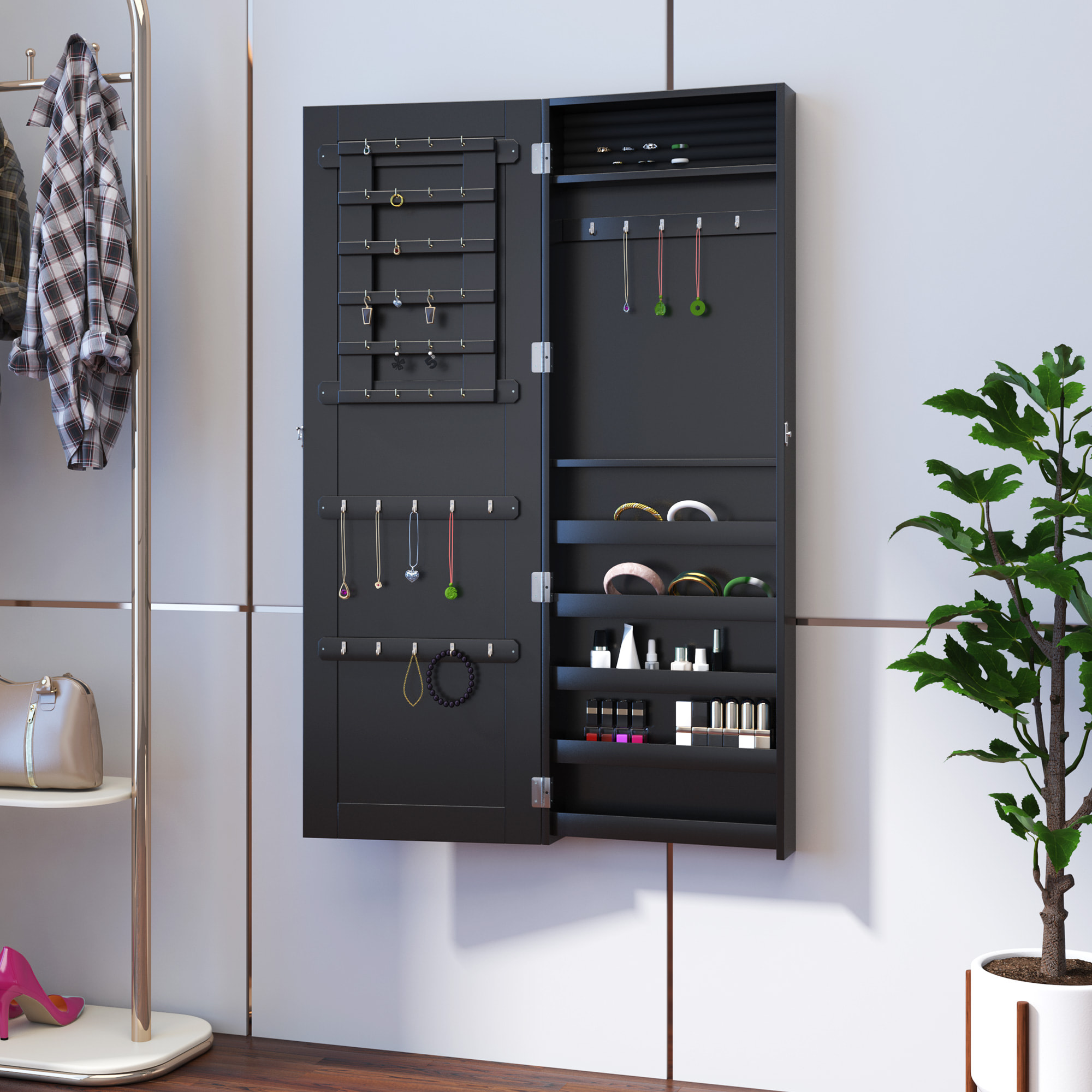 Armoire à bijoux multi-rangements design contemporain mural avec miroir 37L x 10l x 112H cm noire