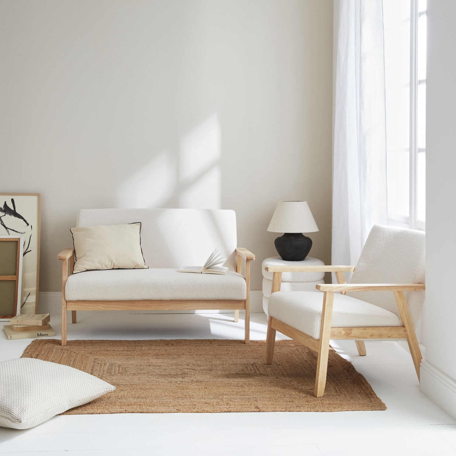 Banquette 2 places + fauteuil 1 place bois d'hévéa, de peuplier et bouclette ISAK