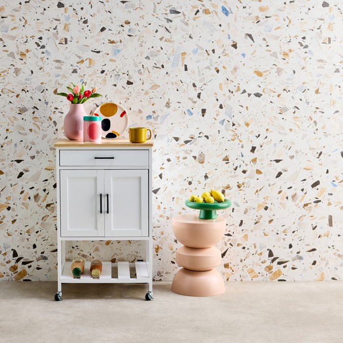 Desserte de cuisine blanche BENDOR plateau en bois d'hévéa. 56 x 46 x 90 cm. 4 roues. 1 tiroir. 2 étagère. 1 double porte. style contemporain