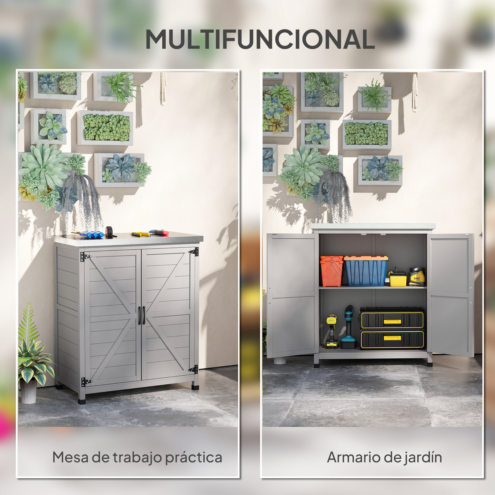 Armario de Exterior de Madera, Caseta de Jardín Exterior con Techo de Acero Galvanizado, Estante, 2 Puertas, Cobertizo de Jardín para Almacenamiento de Herramientas, 79x43x92 cm, Gris