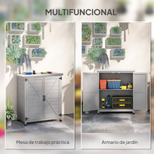 Armario de Exterior de Madera, Caseta de Jardín Exterior con Techo de Acero Galvanizado, Estante, 2 Puertas, Cobertizo de Jardín para Almacenamiento de Herramientas, 79x43x92 cm, Gris