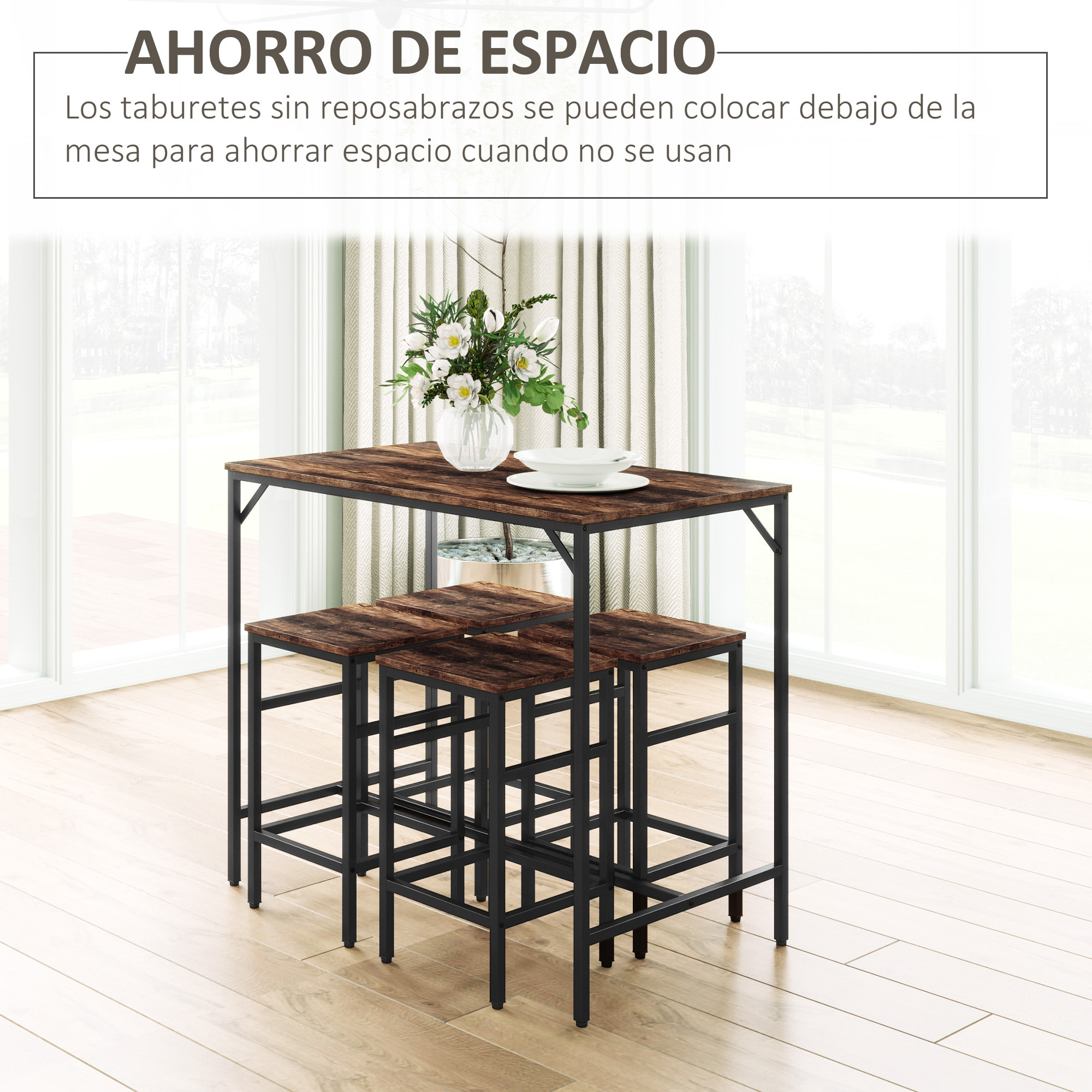 Juego de Mesa y Taburetes de Bar, Mesa Alta de Cocina con 4 Taburetes Industrial, con Reposapiés, Ahorro de Espacio, para Espacios Reducidos, Comedor, Salón, Marrón Rústico