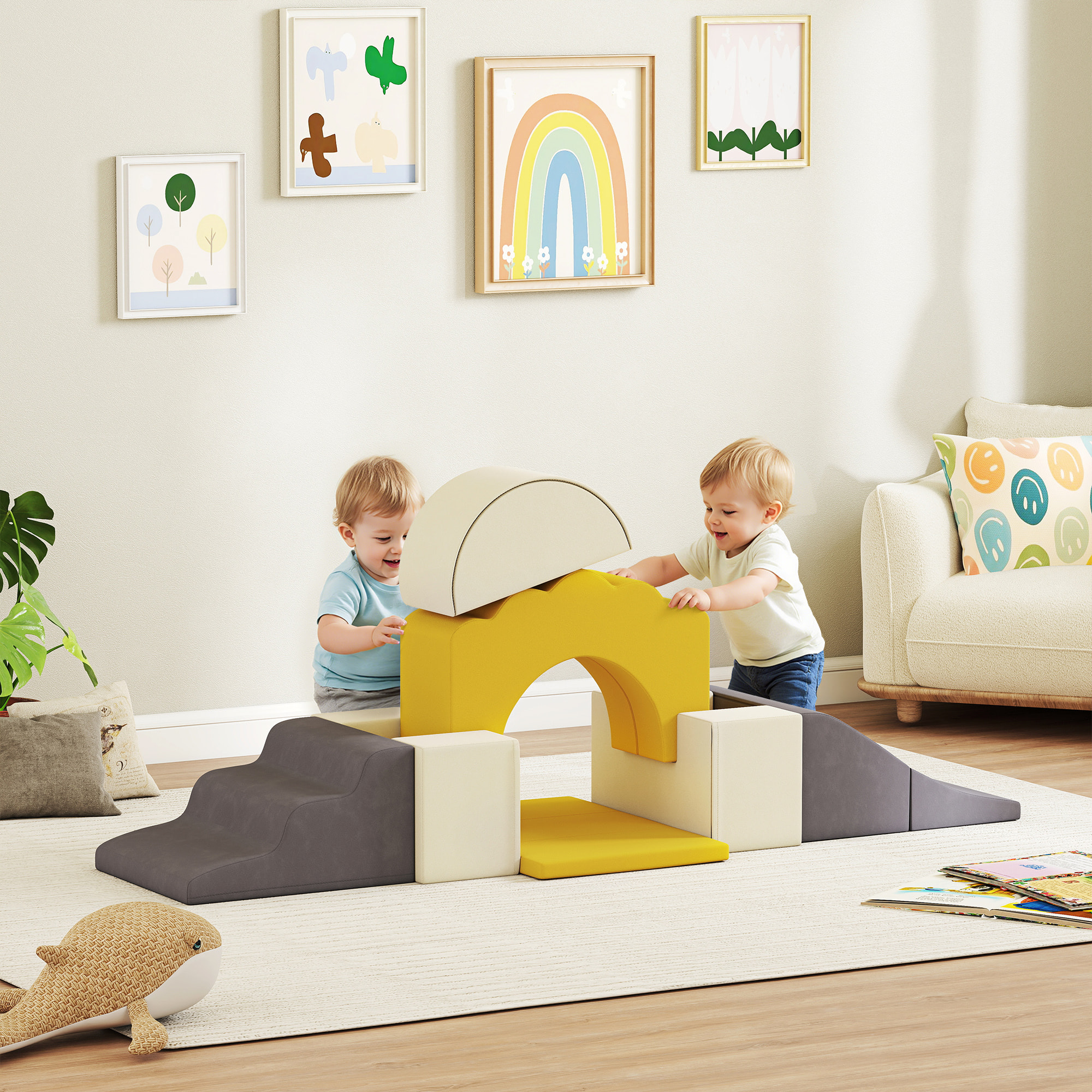 Juego de 7 Bloques de Espuma para Niños, Bloques de Psicomotricidad Infantil con Base Antideslizante, Montessori, Set de Escalada Suave Interior para Escalar y Gatear, 0,5-3 Años, Amarillo