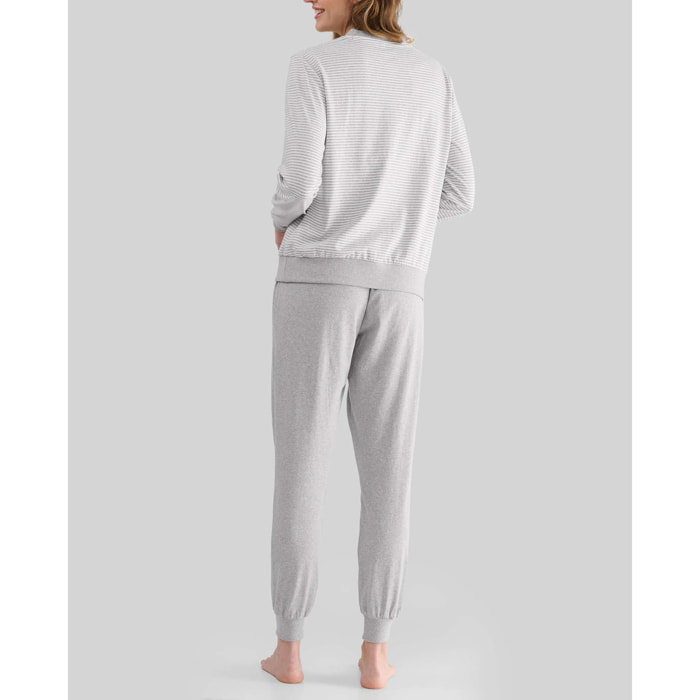 Pijama mujer de rayas, escote redondo, abertura de botones, puños elásticos, manga larga y pantalón largo en vigoré