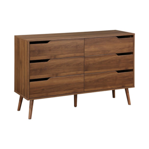 Commode décor bois de noyer. 6 tiroirs. pieds en pin massif