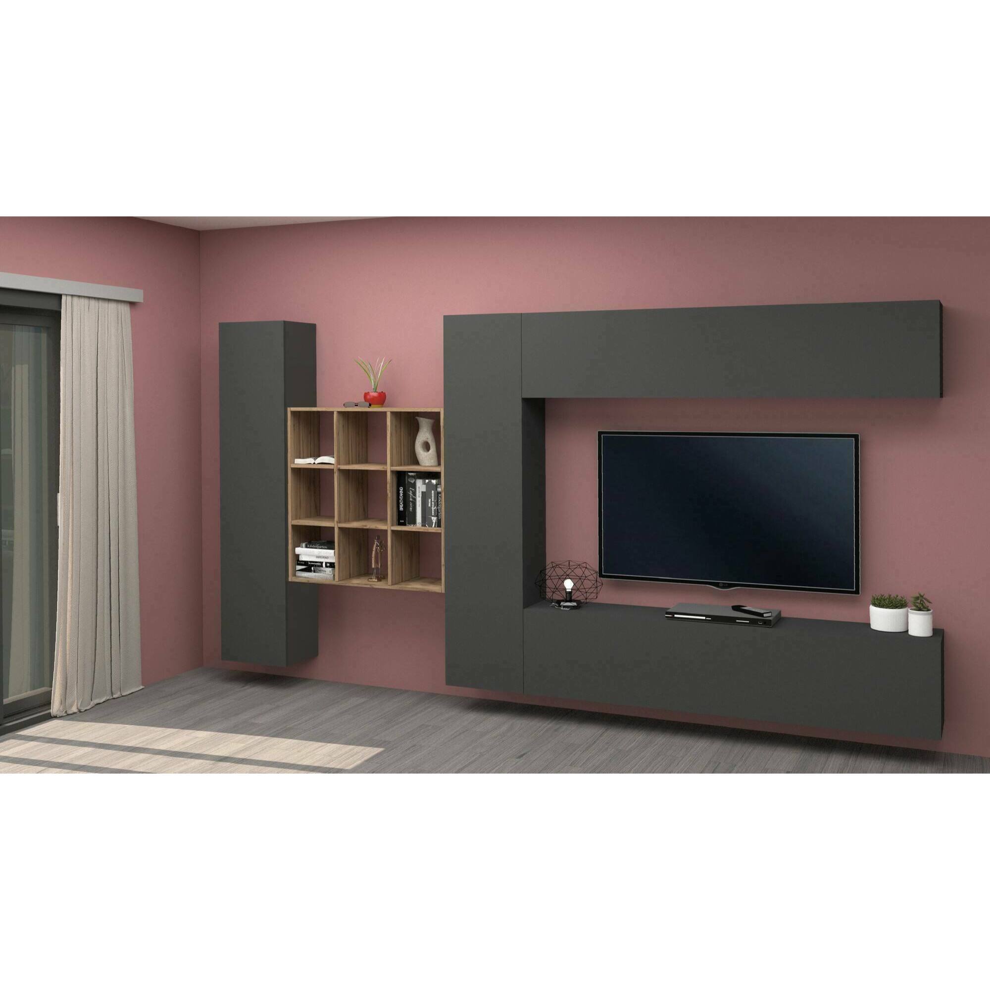 Parete attrezzata Gualtiero, Set salotto porta TV a 4 ante, Mobile soggiorno multiuso, 100% Made in Italy, cm 350x30h180, Antracite