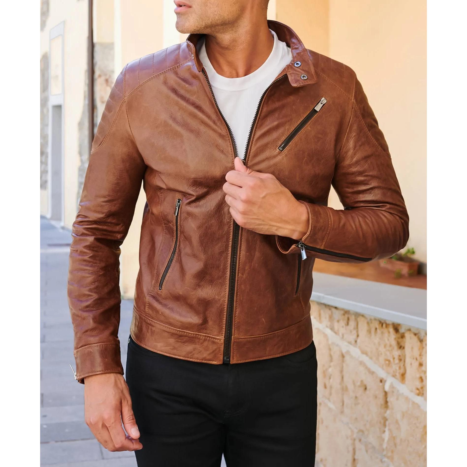 Giacca moto in pelle cuoio biker trapuntato spalle effetto liscio