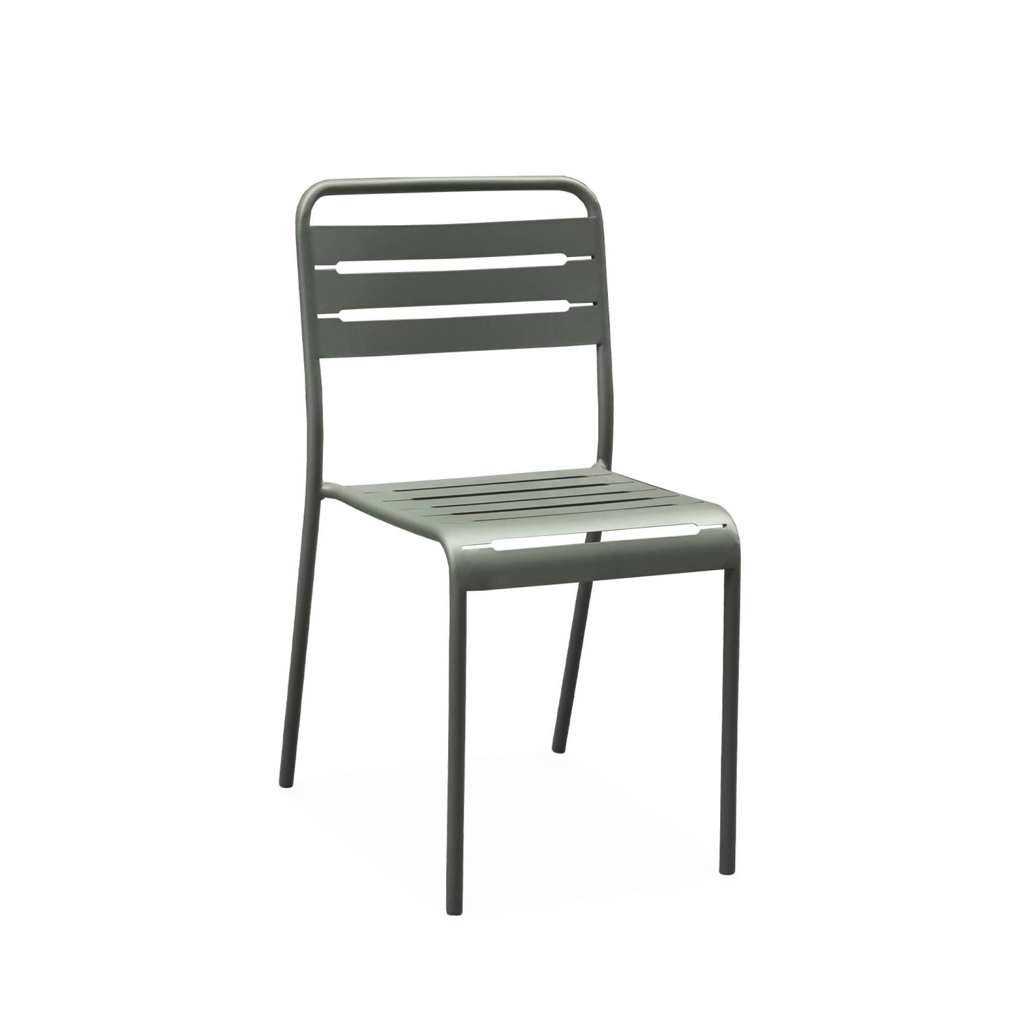Table de jardin métal + 2 assises kaki Amélia. lattes et bords arrondis. traitement antirouille