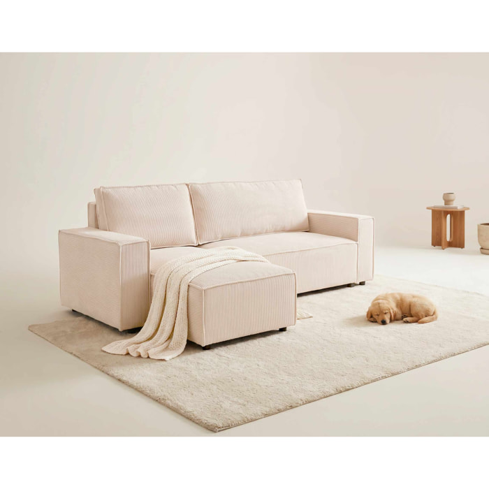 Hector - Canapé d'angle réversible 4 places convertible avec coffre en velours côtelé - Beige