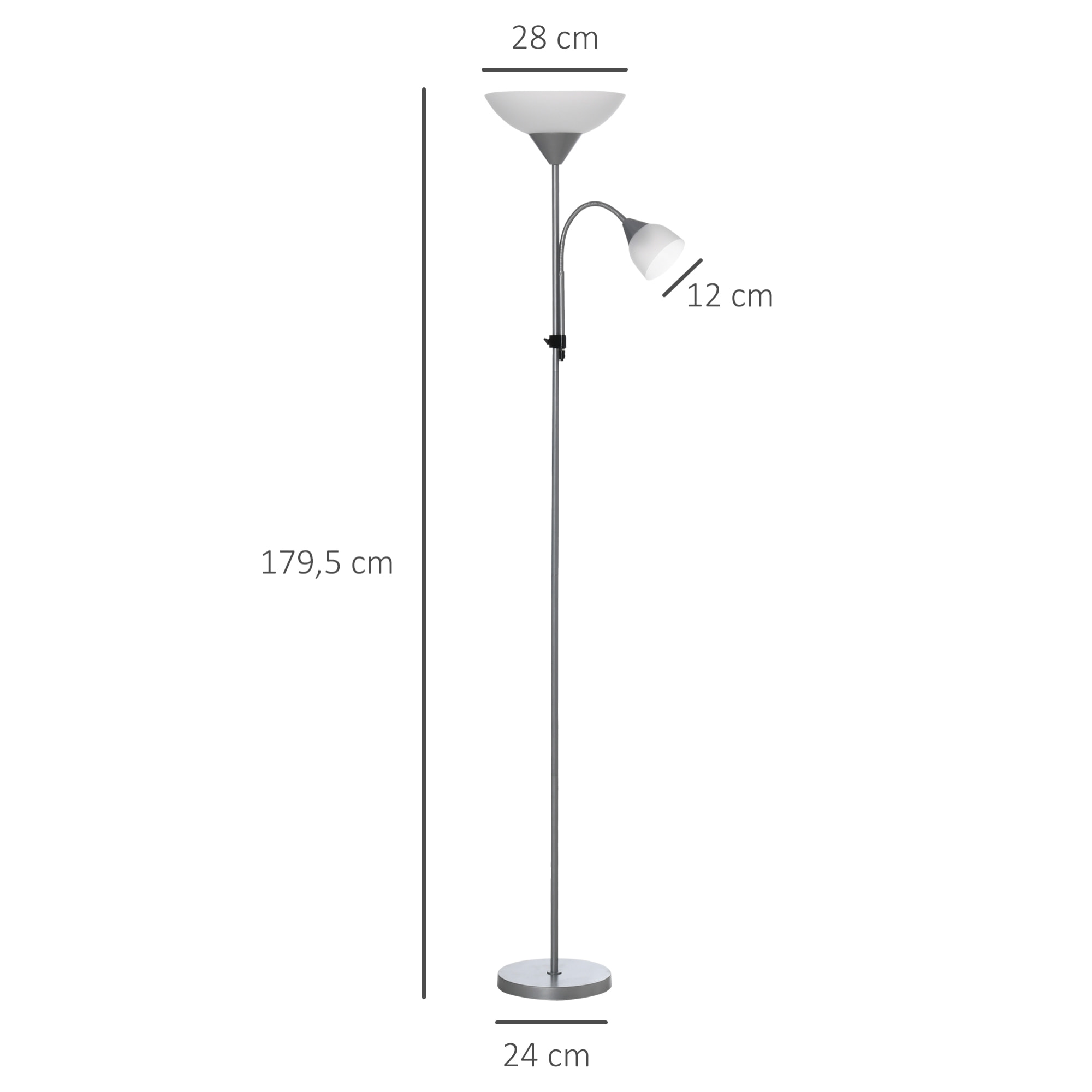 Lampadaire 2 têtes douilles E27 E14 base métal dim. Ø28 x 179,5H cm gris blanc