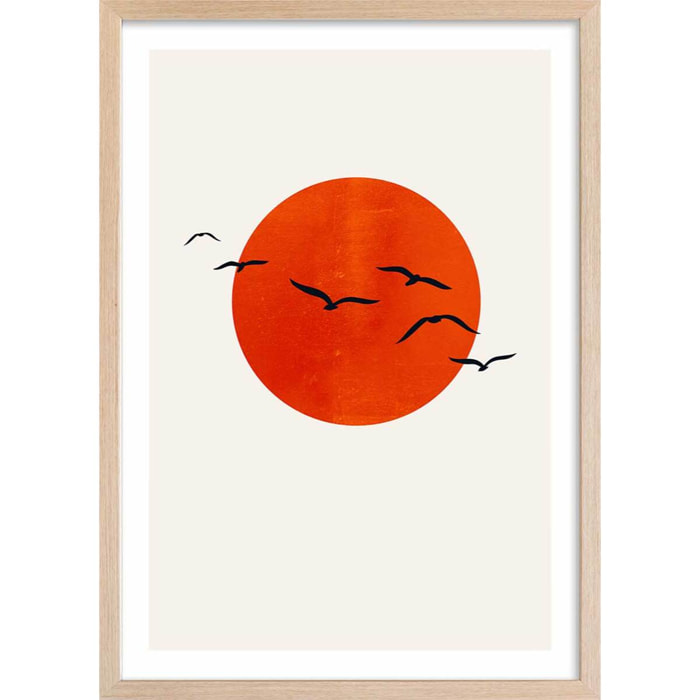 Poster soleil levant Affiche + cadre en bois - Chêne