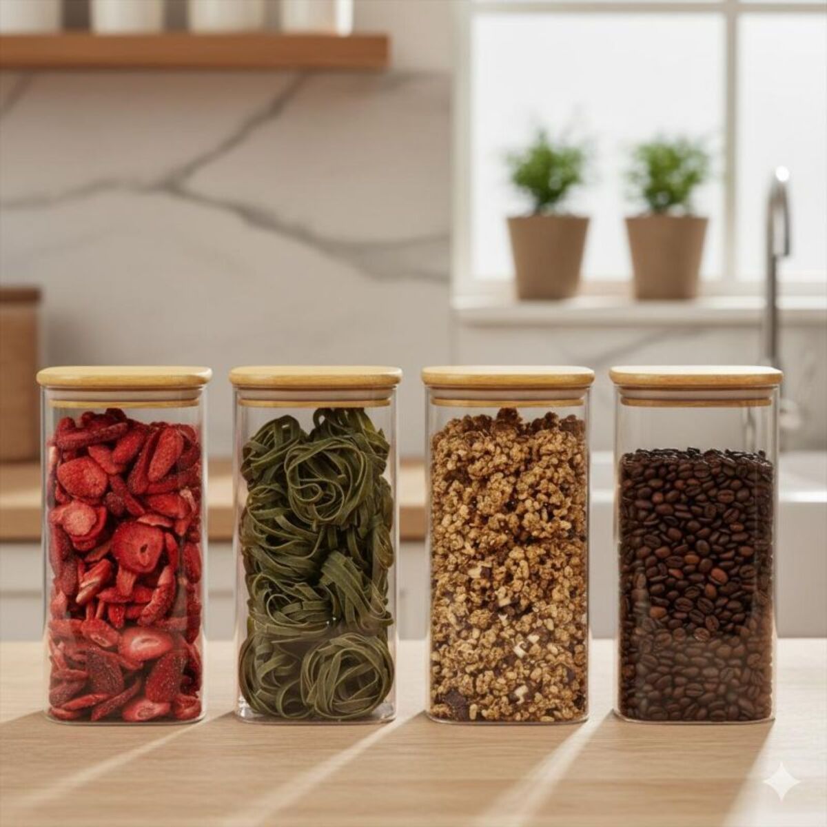 Set 4 bocaux en verre conception angulaire et couvercle en bois de haute qualité Classbach C-VD4027