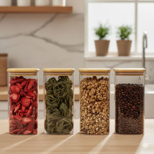 Set 4 bocaux en verre conception angulaire et couvercle en bois de haute qualité Classbach C-VD4027
