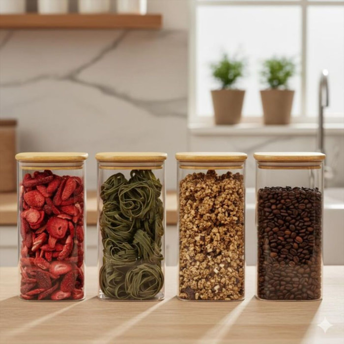Set 4 bocaux en verre conception angulaire et couvercle en bois de haute qualité Classbach C-VD4027