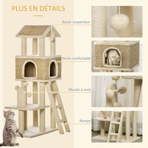 Arbre à chats style cosy chic griffoirs sisal naturel grande niche plateforme échelle jeu boules tourniquet peluche courte cordes d'algues tressées