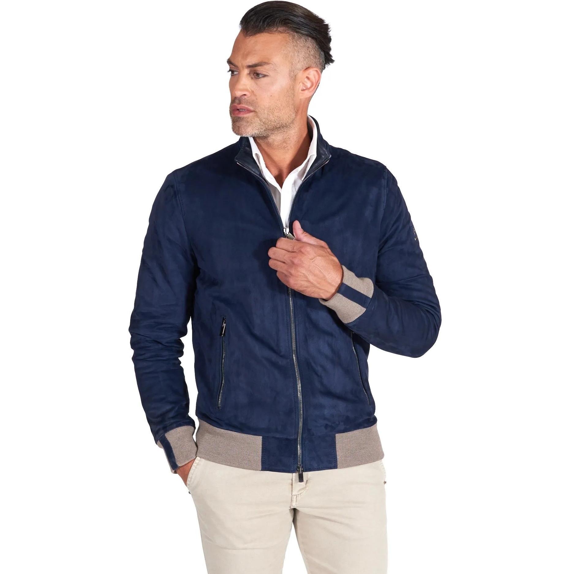 Giubbotto bomber in pelle scamosciata blu collo coreana