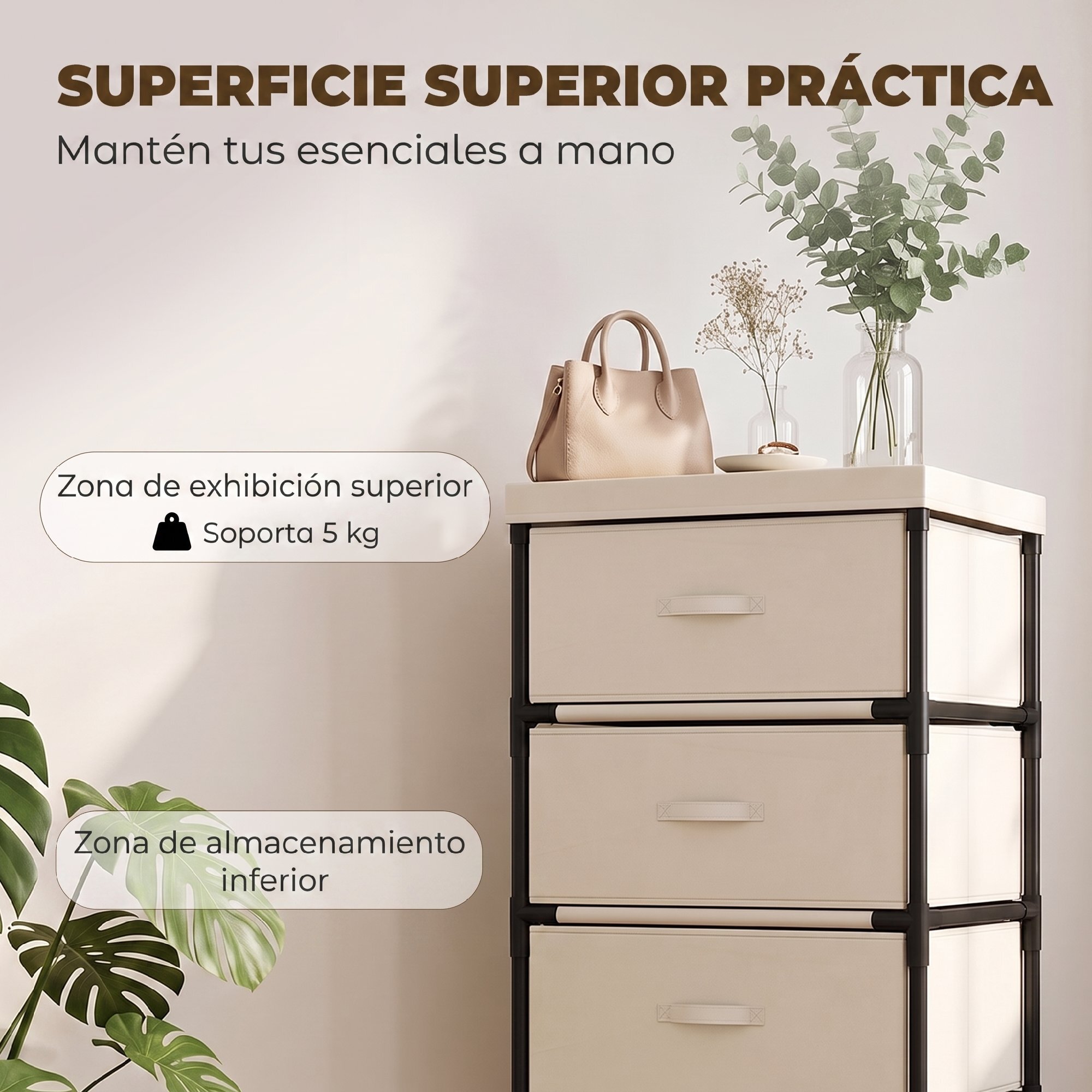 HOMCOM Cómoda con 4 Cajones de Tela, Cómoda para Dormitorio, Marco de Acero, Montaje Rápido, Cajonera para Salón, Oficina, Vestidor, Beige