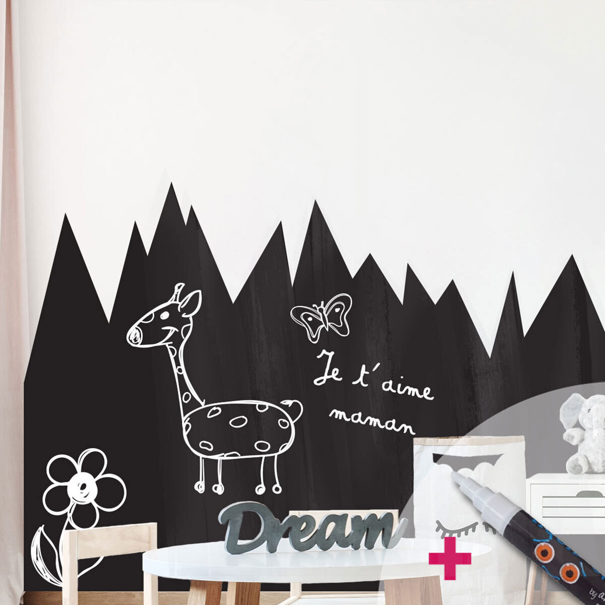 Sticker ardoise tableau noir - stickers muraux adhésif effaçable - MONTAGNE H110 X L200 CM + CRAIE LIQUIDE BLANCHE