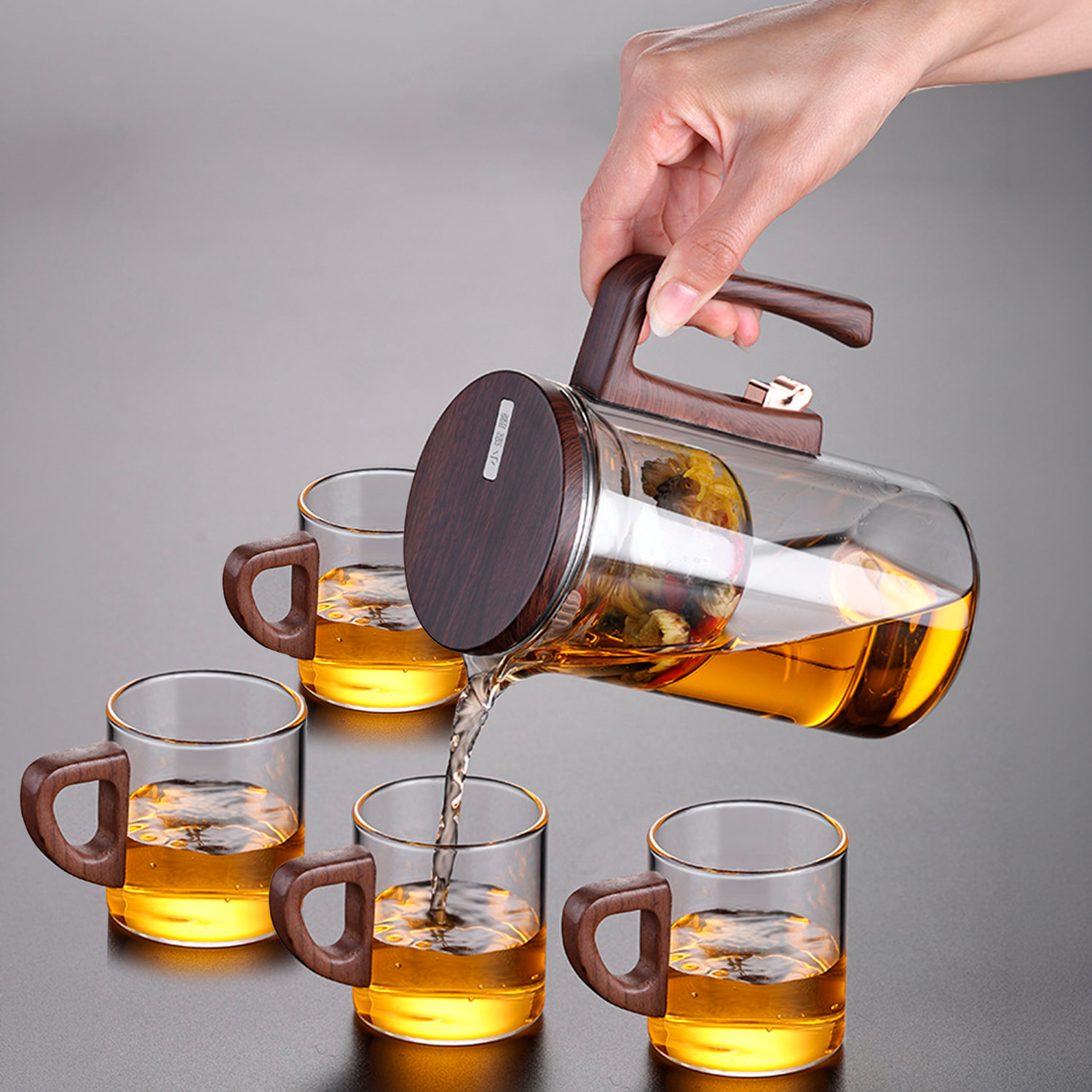 Tetera de cristal de 520ml con filtración magnética con 4 tazas y bandeja para servir.