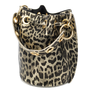 Primavera bolso de mano mujer. Piel auténtica Gamuza con estampado de animal print leopardo y lacada brillante.
