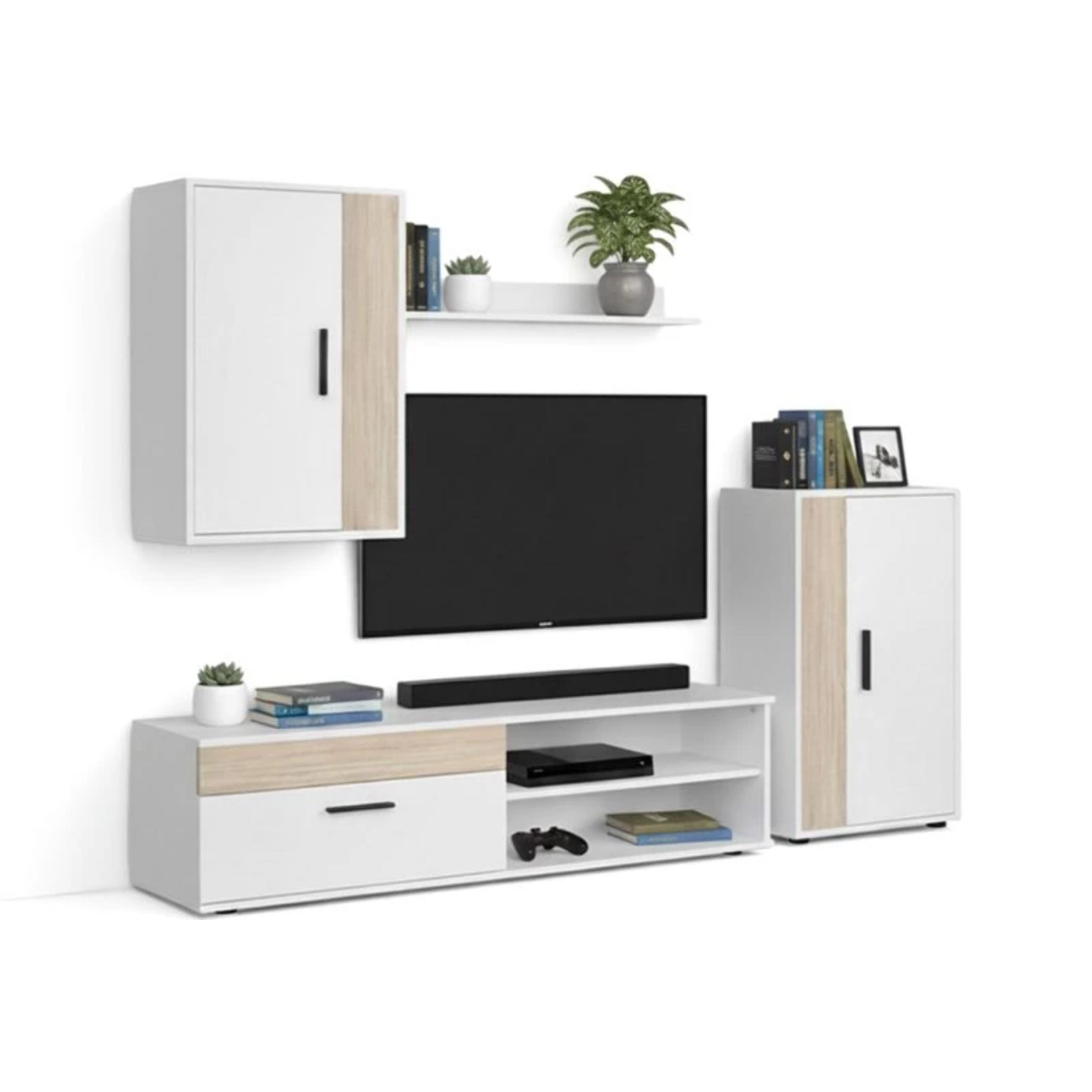 Mueble de salón modular Lunet en blanco artik roble canadian 190 cm Blanco Artik (Blanco Mate) - Roble Canadian