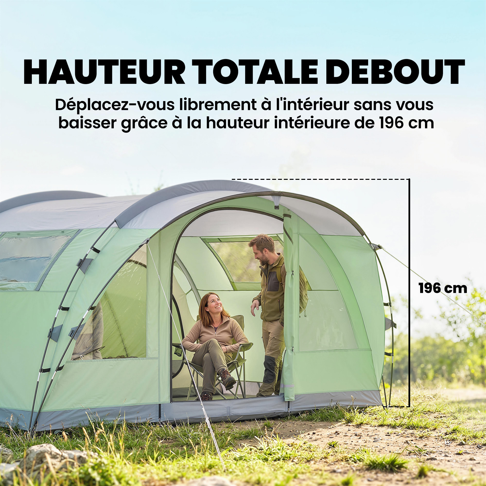 Tente de camping tunnel 4 personnes 2 pièces - étanche 3000mm - 505x390x196cm - vert