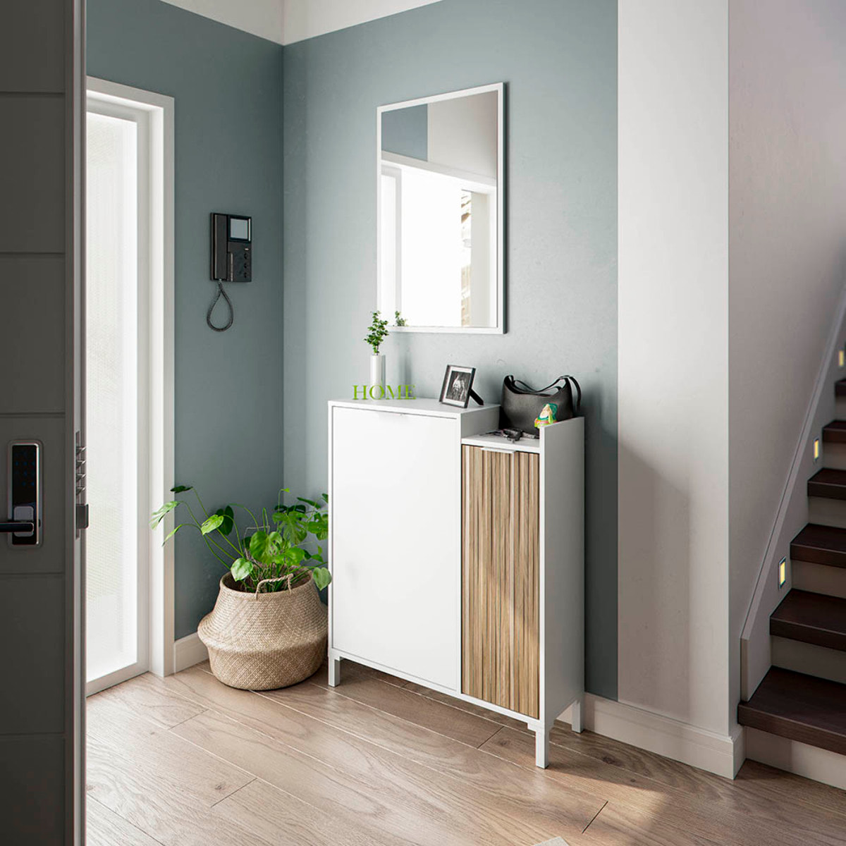 Mobile Da Ingresso Corridoio Con Specchio Set Casa Salvaspazio Entratina Ripiani Per Scarpe Chiavi Accessori Design Moderno 91x77x24 Cm Bianco Rovere