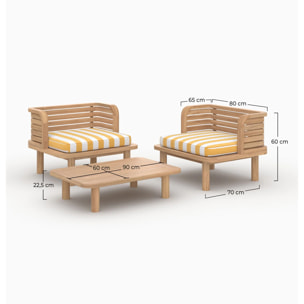 Salon de jardin 2 places en teck, tissu rayé jaune, 2 fauteuils - Kilda
