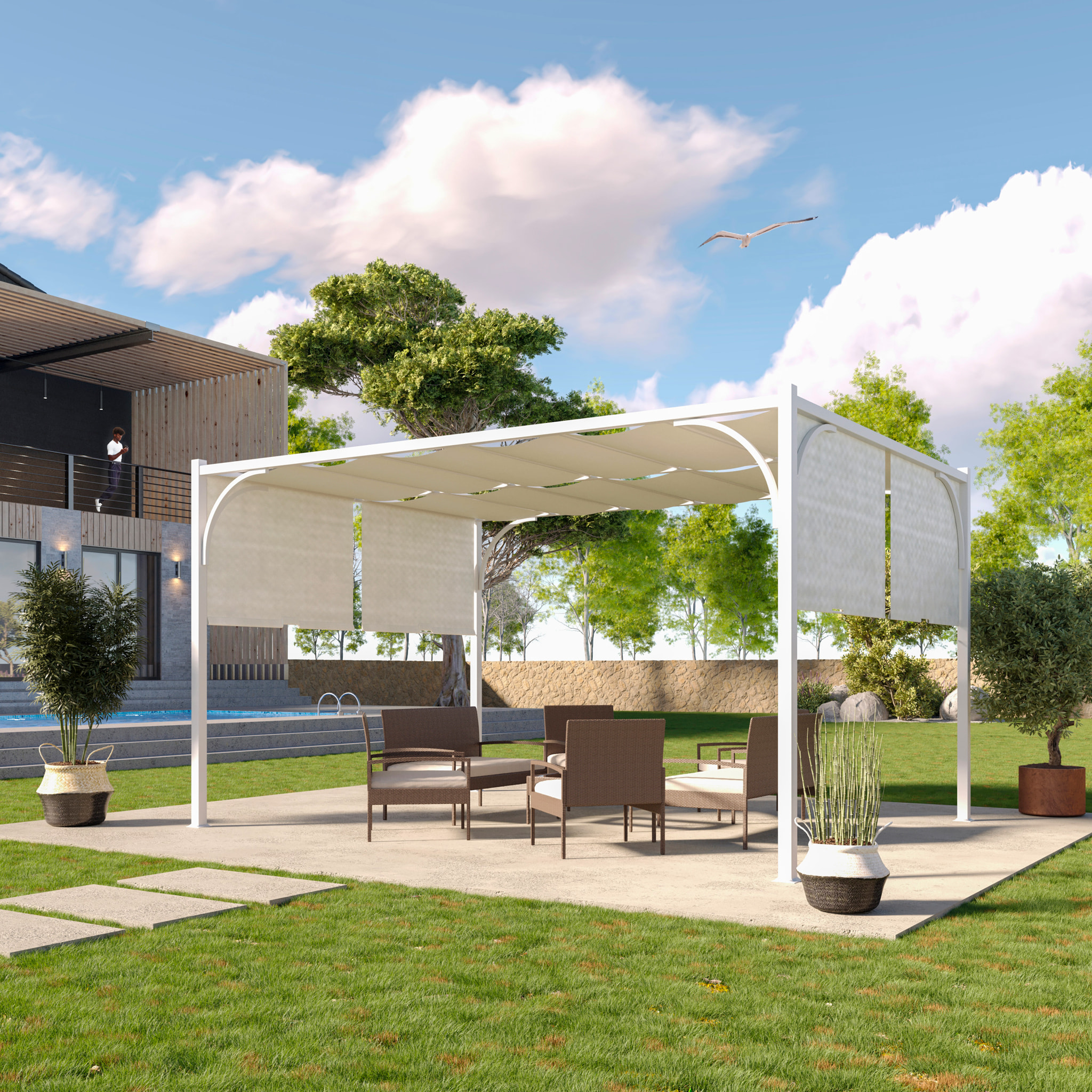 Gazebo Pergola 3x4 M Pergolato Tetto Scorrevole Telo Bianco Impermeabile Retrattile Richiudibile Struttura Bianca Acciaio Giardino Terrazzo Piscina