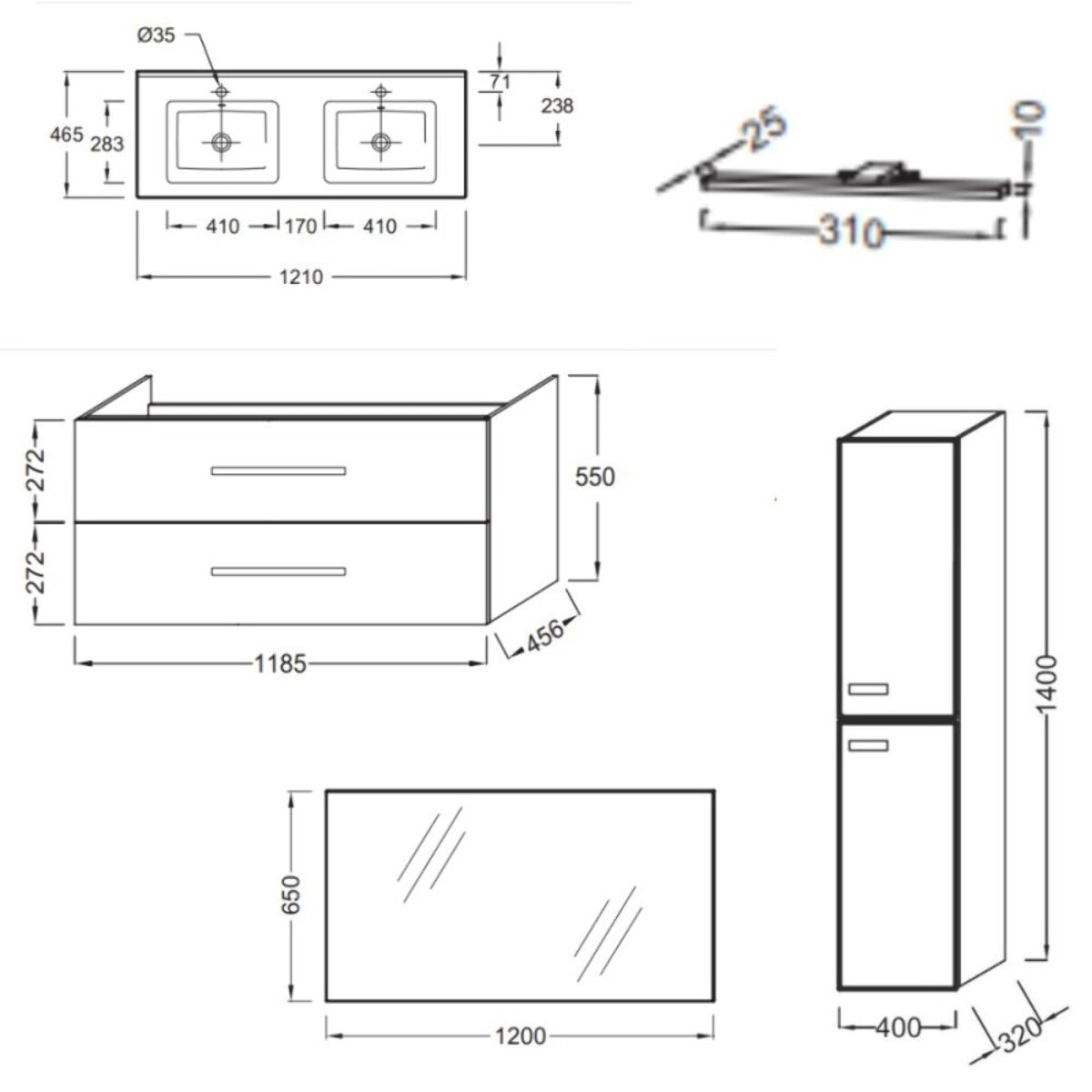 Meuble double vasque 120 cm Ola Up chêne + colonne + miroir et spots