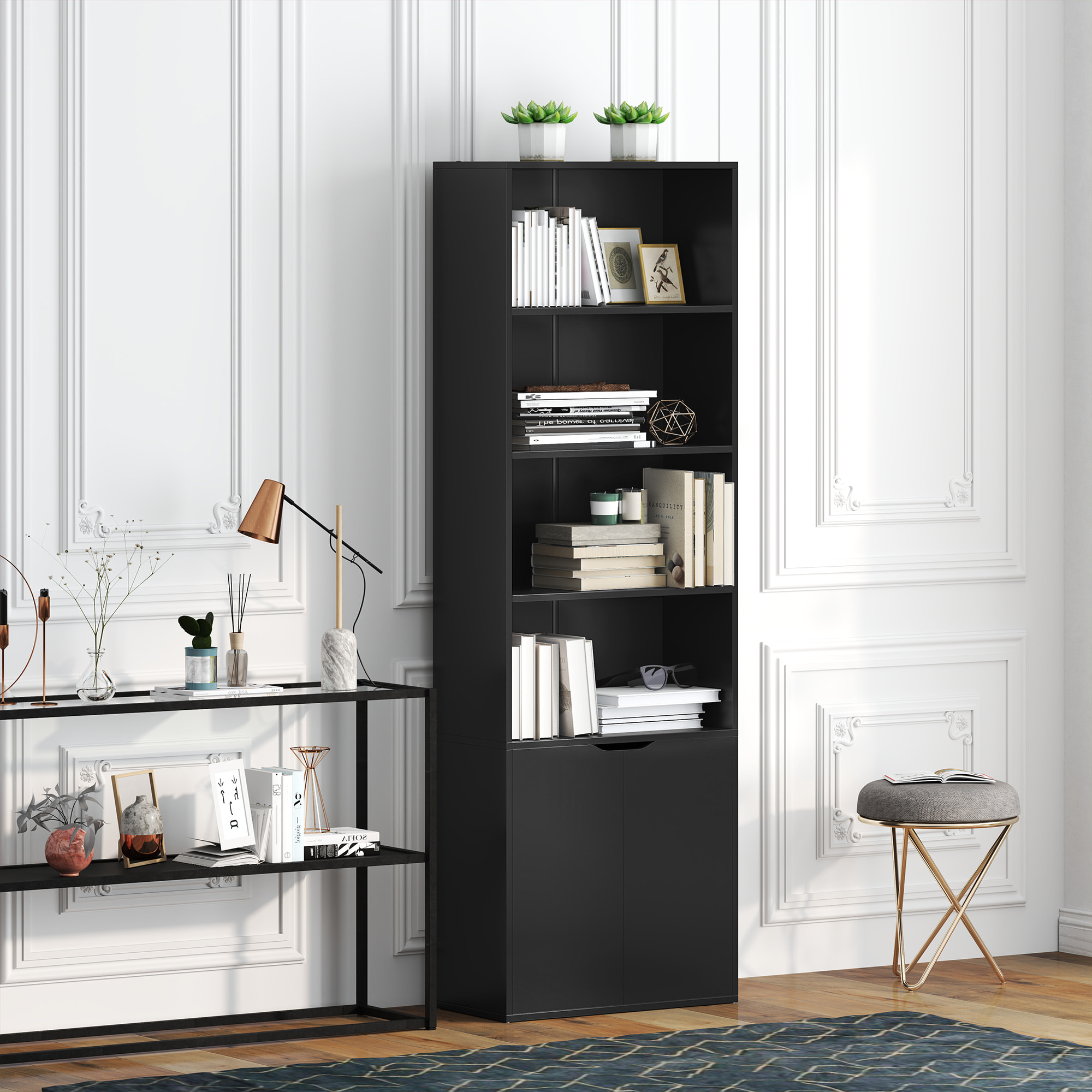 Estantería para Libros de 6 Niveles, Librería con 2 Puertas, 4 Estantes Abiertos, Armario Alto para Salón, Estudio, Oficina, 59x29x180 cm, Negro