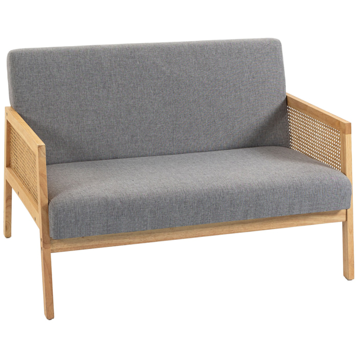 HOMCOM Sofá de 2 Plazas Tapizado en Lino Sintético con Detalles Ratán Sintético, Sofá Compacto Moderno con Estructura de Madera de Caucho, Carga 240 kg para Dormitorio, Salón, 115x77x77 cm, Gris Claro