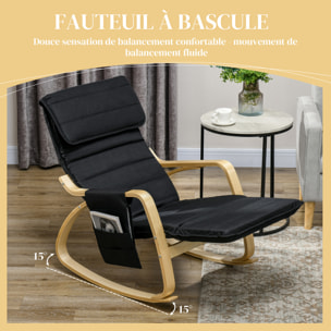 Fauteuil à bascule - fauteuil relax repose-pied réglable, poche rangement, tétière - bois tissu noir