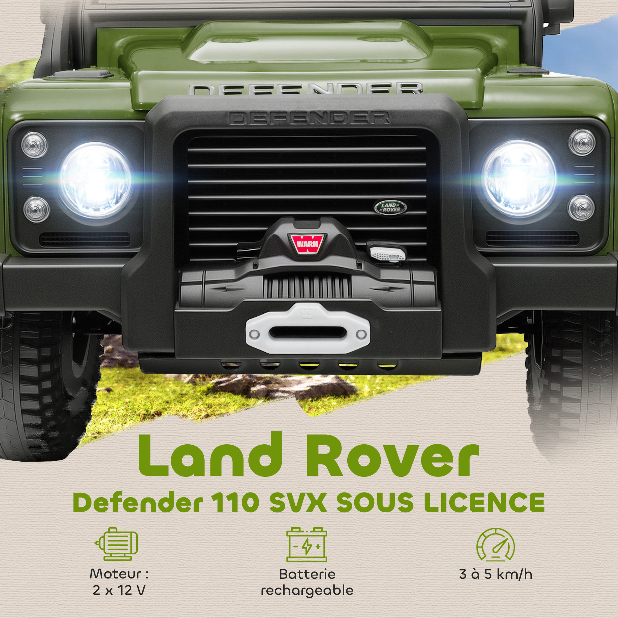 Voiture électrique enfant Land Rover Defender 110 SVX 12V 5Km/h max. télécommande vert