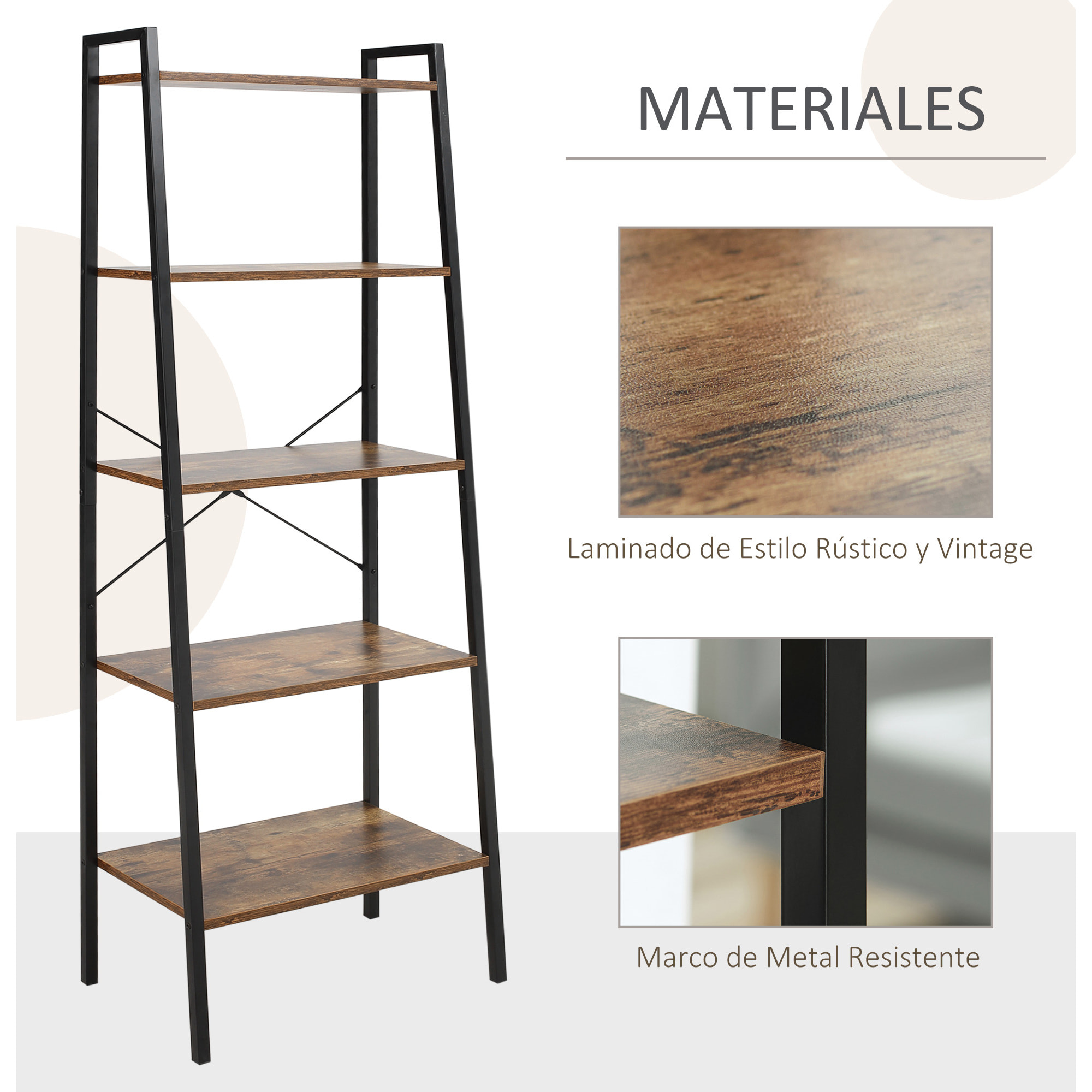 HOMCOM Estantería de Estilo Industrial en Forma de Escalera con 5 Baldas con Marco de Metal para Sala de Estar Dormitorio Cocina Oficina 56x34x160 cm Marrón Rústico