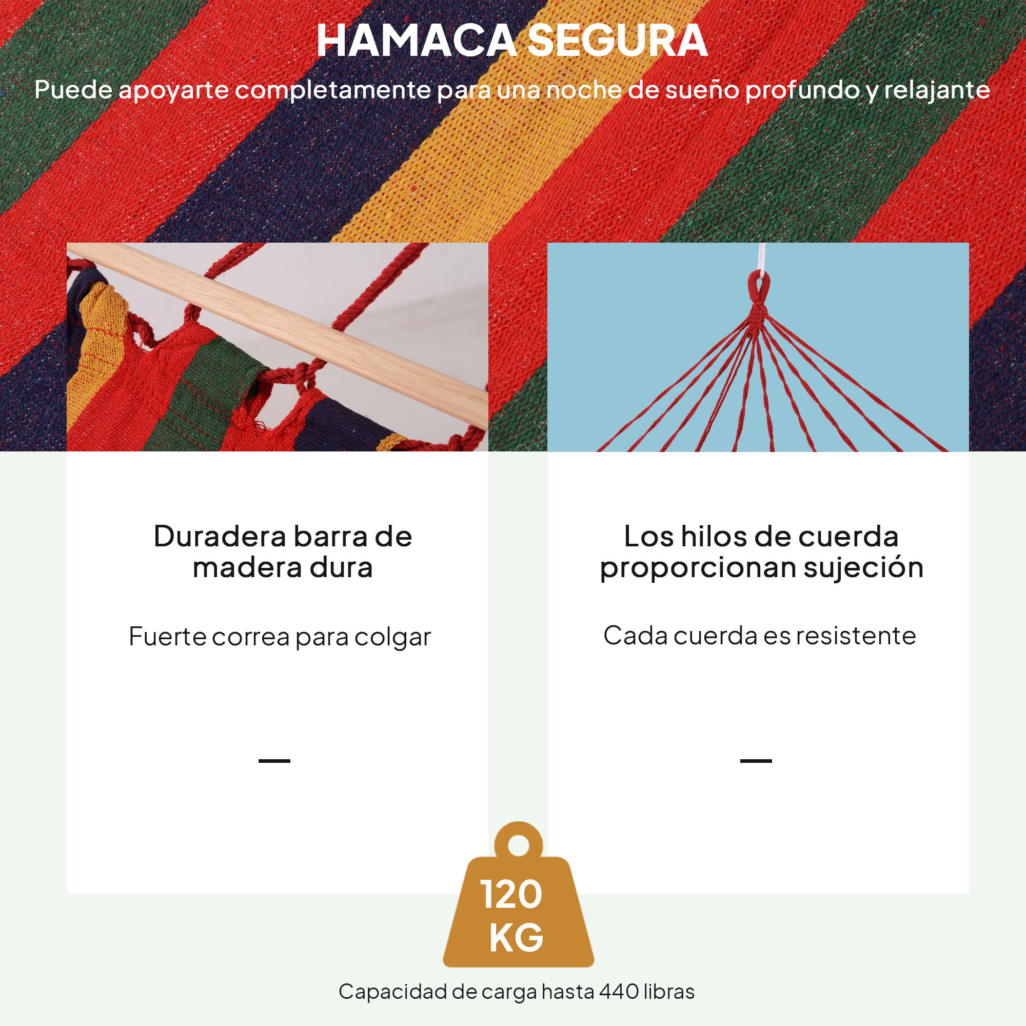 Hamaca de Jardín 200x100 cm Hamaca Colgante con Travesaños de Madera Carga 120 kg para Patio Terraza Balcón Camping Multicolor