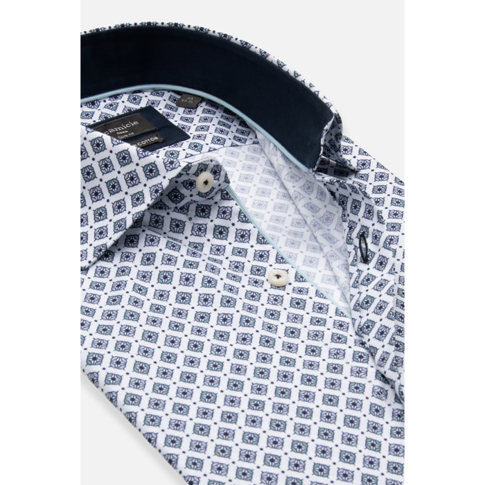 Camicia Uomo 1 Bottone Francese Slim Popeline Stretch Stampato Bianco/Celeste