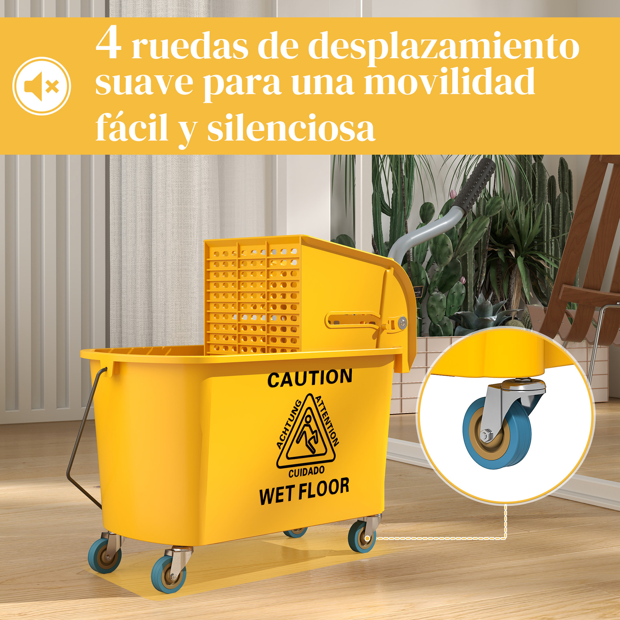 Cubo de Fregona con Ruedas Capacidad de 20 L Cubo de Fregar con Sistema de Escurridor Mopa y Asa de Transporte para Doméstico y Comercial Amarillo