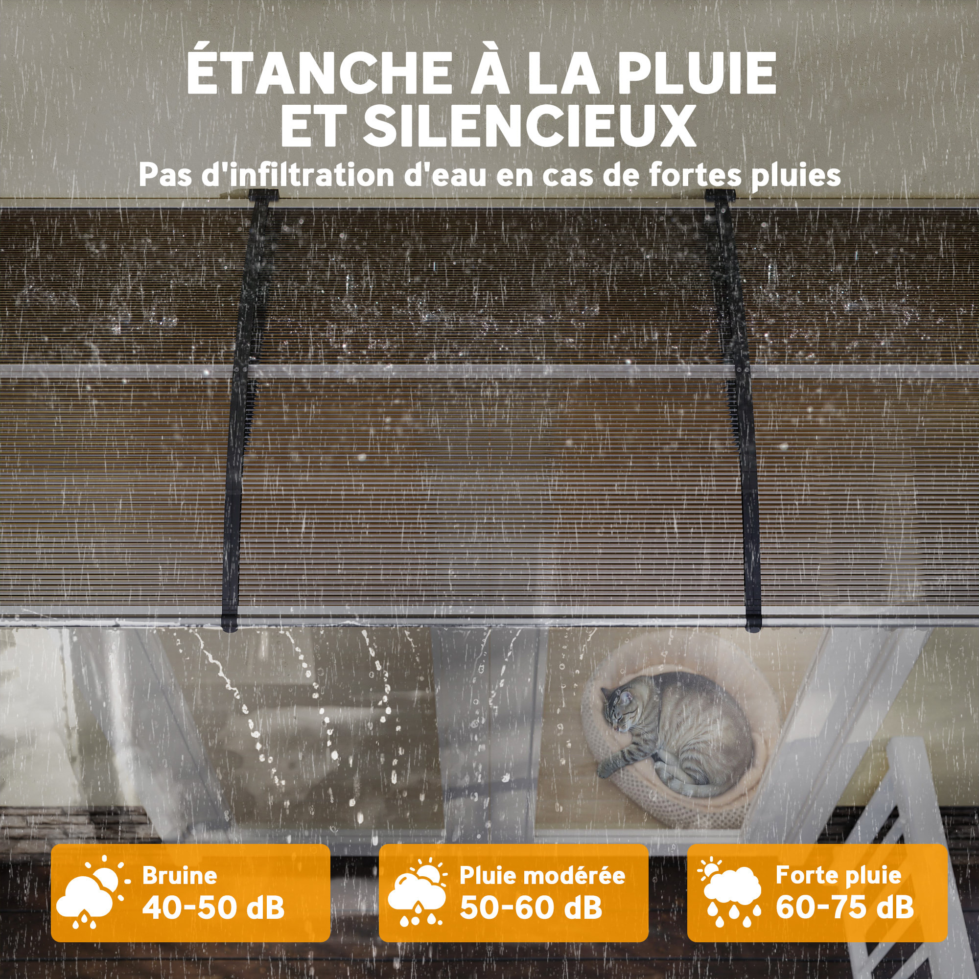 Auvent marquise de porte design voûté arrondi dim. 303L x 96l x 27H cm alu polycarbonate plastique marron noir