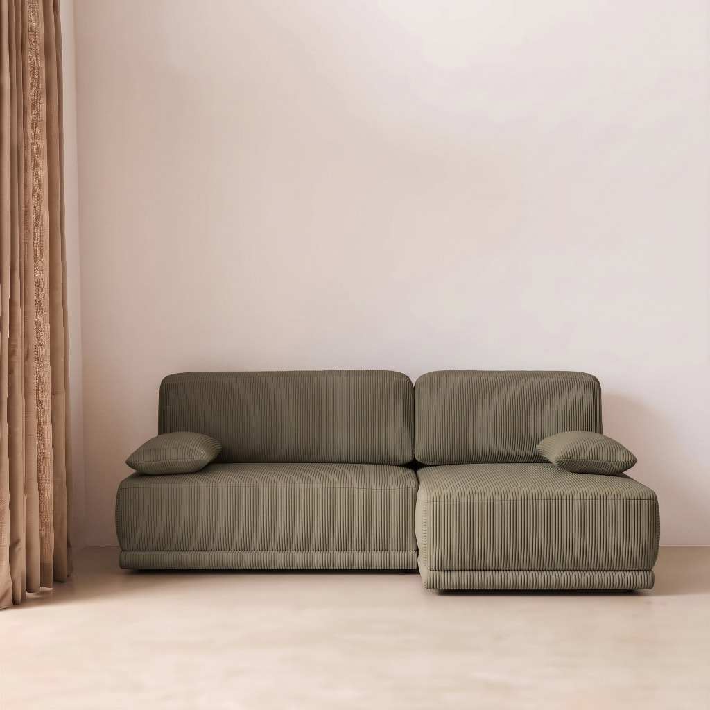 Banquette canapé d'angle droit convertible 3 places velours côtelé avec coffre NELSON