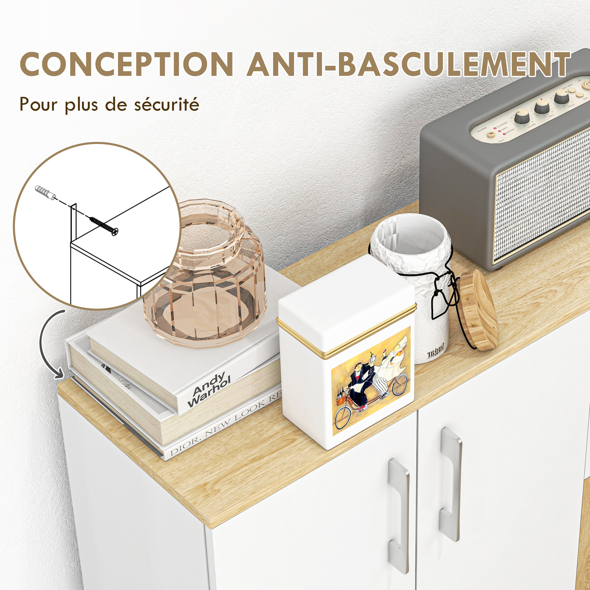 Buffet rangement 3 portes étagère 2 tiroirs coulissants panneaux aspect bois clair blanc