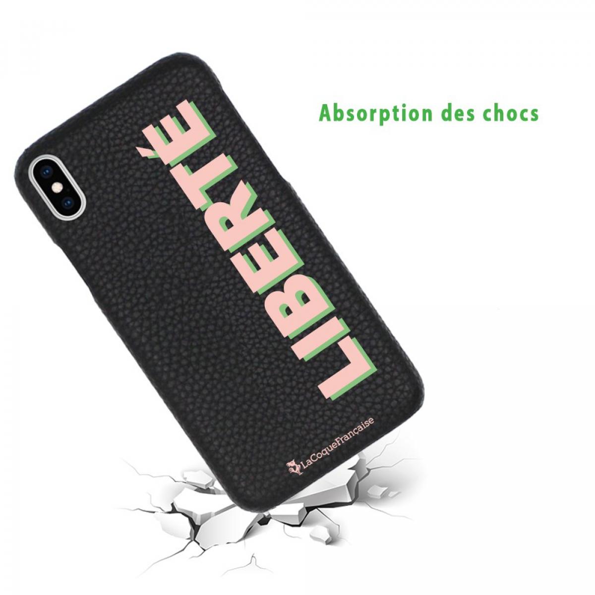 Coque iPhone Xs Max effet cuir grainé noir Liberté rose et vert Design La Coque Francaise