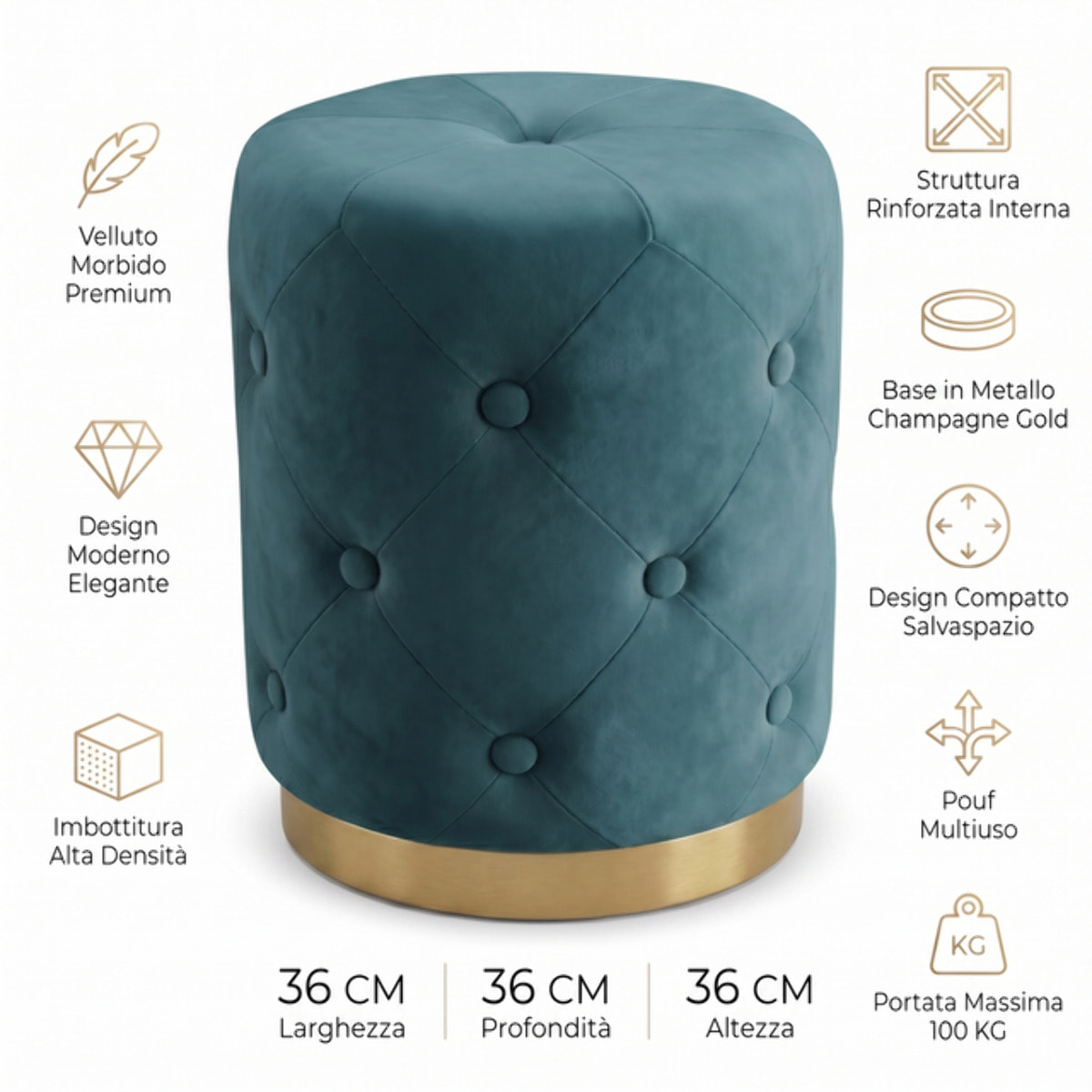 Pouf contenitore rotondo in velluto con base oro Ø37x47 cm, sgabello imbottito con vano portaoggetti, seduta elegante design moderno per salotto camera da letto ingresso cabina armadio e angolo trucco, portata fino a 100 kg