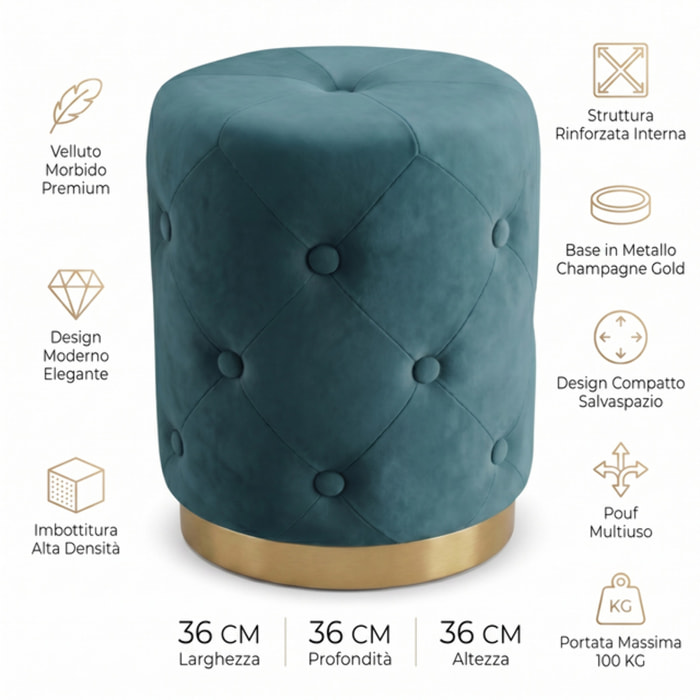 Pouf contenitore rotondo in velluto con base oro Ø37x47 cm, sgabello imbottito con vano portaoggetti, seduta elegante design moderno per salotto camera da letto ingresso cabina armadio e angolo trucco, portata fino a 100 kg