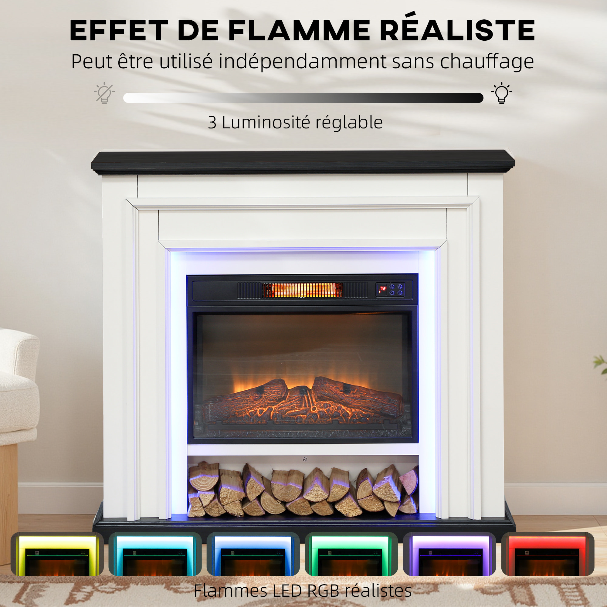 Cheminée électrique LED multicolore design classique grande taille 105 x 27 x 97 cm télécommande blanc noir