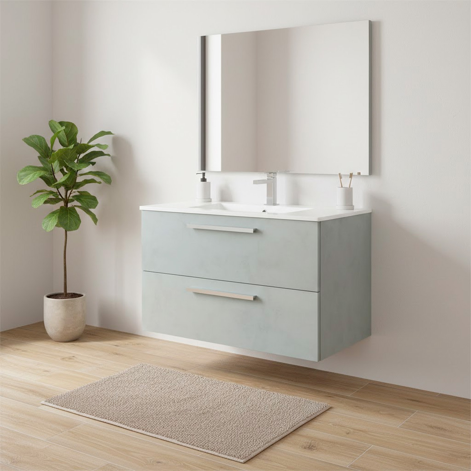 Mobile Mobiletto Bagno Sospeso Con 2 Cassettoni Soft Close Con Lavandino Lavabo In Ceramica E Specchio 57 x 80 x 45 Cm Colore Cemento Laccato
