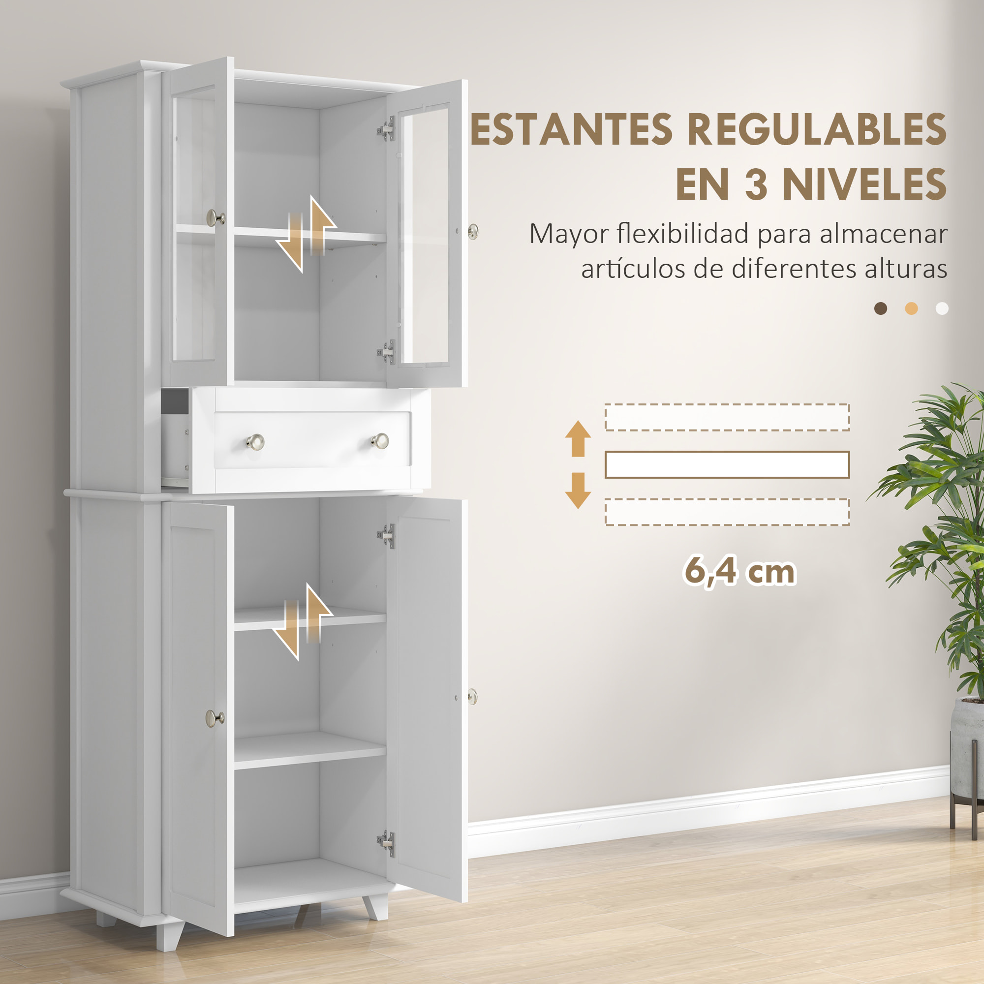 Alacena de Cocina Despensa Armario de Cocina con 2 Puertas de Vidrio Templado Cajón y Estantes Ajustables Aparador para Comedor 61x35x168,5 cm Blanco