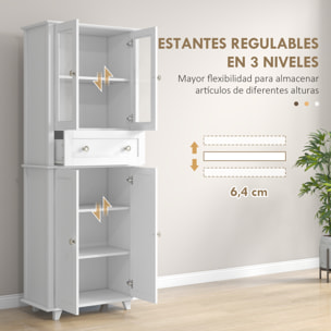 Alacena de Cocina Despensa Armario de Cocina con 2 Puertas de Vidrio Templado Cajón y Estantes Ajustables Aparador para Comedor 61x35x168,5 cm Blanco
